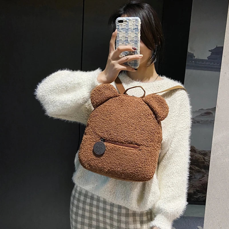 Cute Bear Ear Plush Backpack for Kids Adult Lamb Fleece Shoulder Bag High-capacity Korean Parent-Child Bags Boys Girls Backpacks