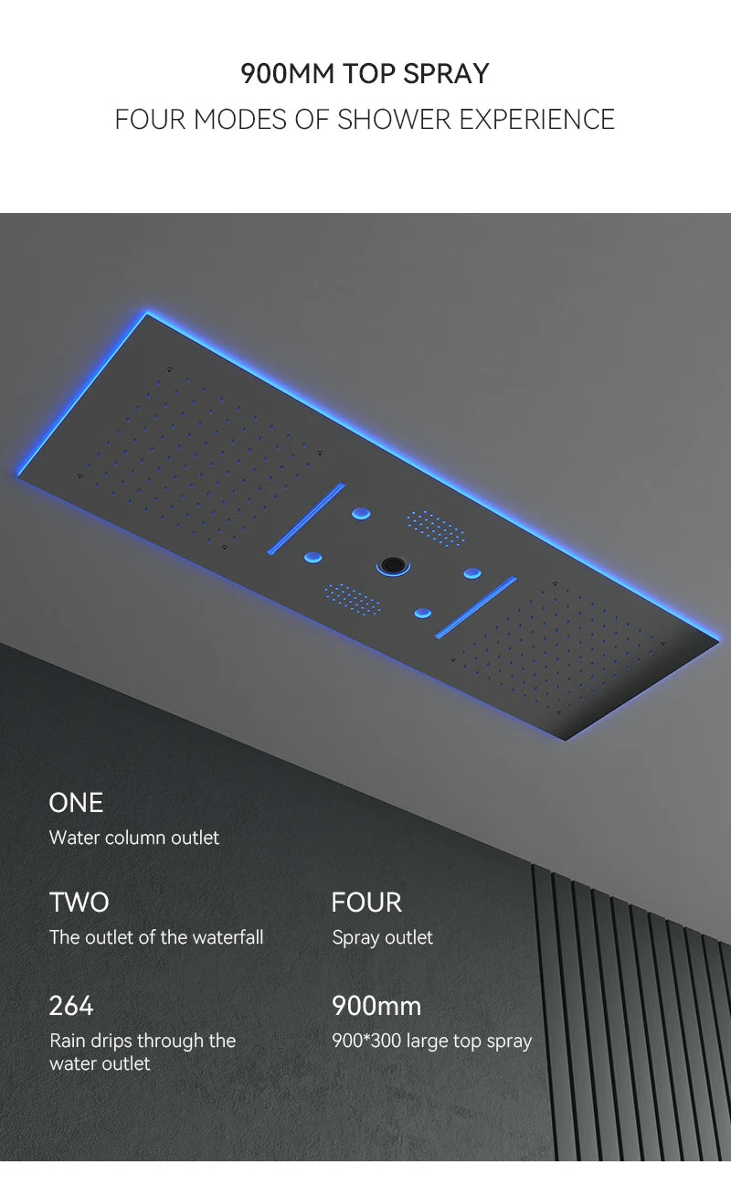 Luxury Ceiling Shower System Set Concealed Thermostatic Brass Digital Display Hydro Generator Rainfall  with Light and Bluetooth
