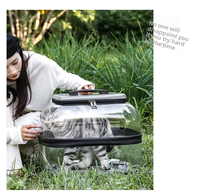 Fashion Transparent Cat Cage Large Capacity Pet Suitcase Breathable Cat Carriers Pull Rod/Handheld Dual Use Cat Transport Cart