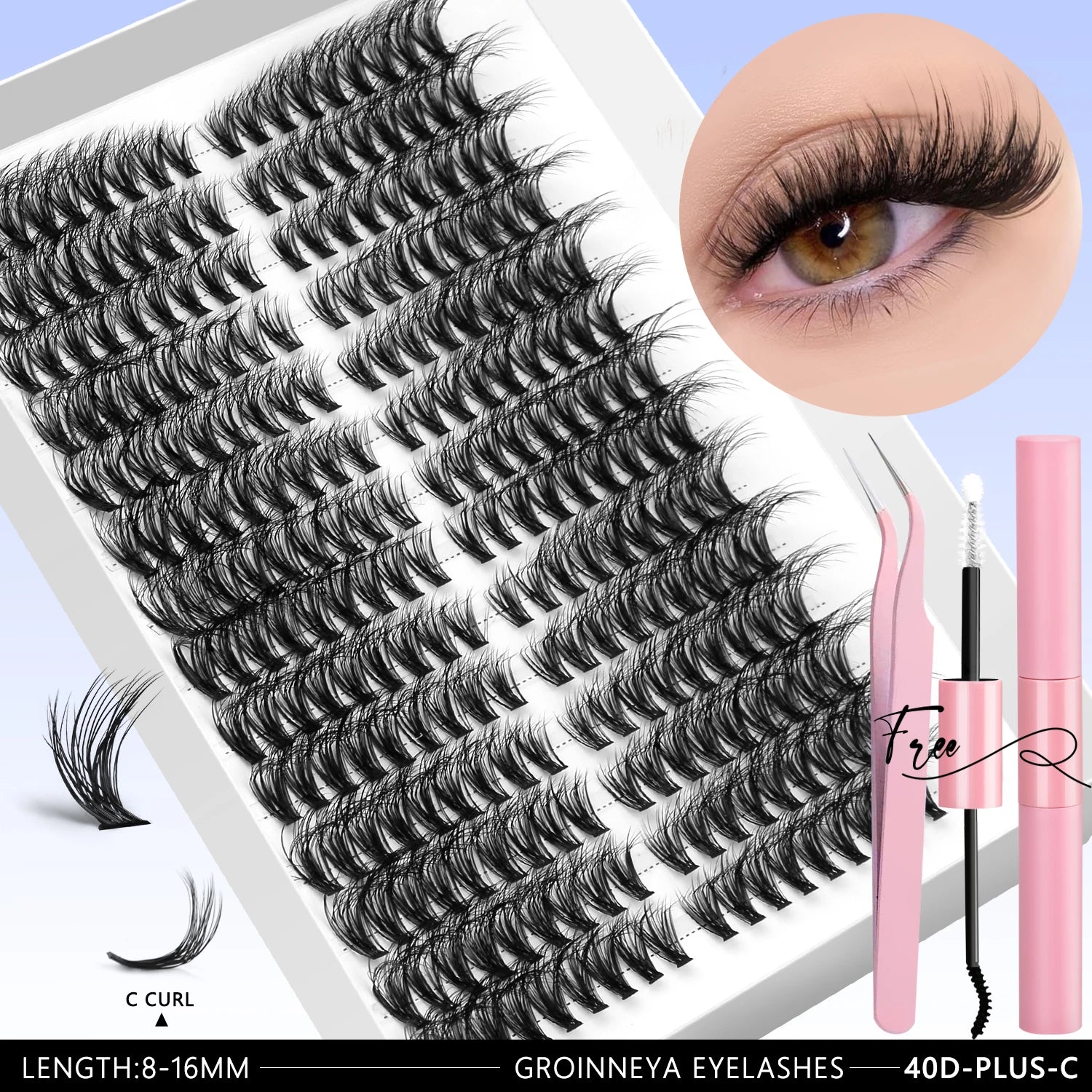 GROINNEYA DIY Eyelashes Lashes Clusters Kit Mix Wispy Individual Lashes Extensions Clusters Lashes Lash Bond & Seal Makeup