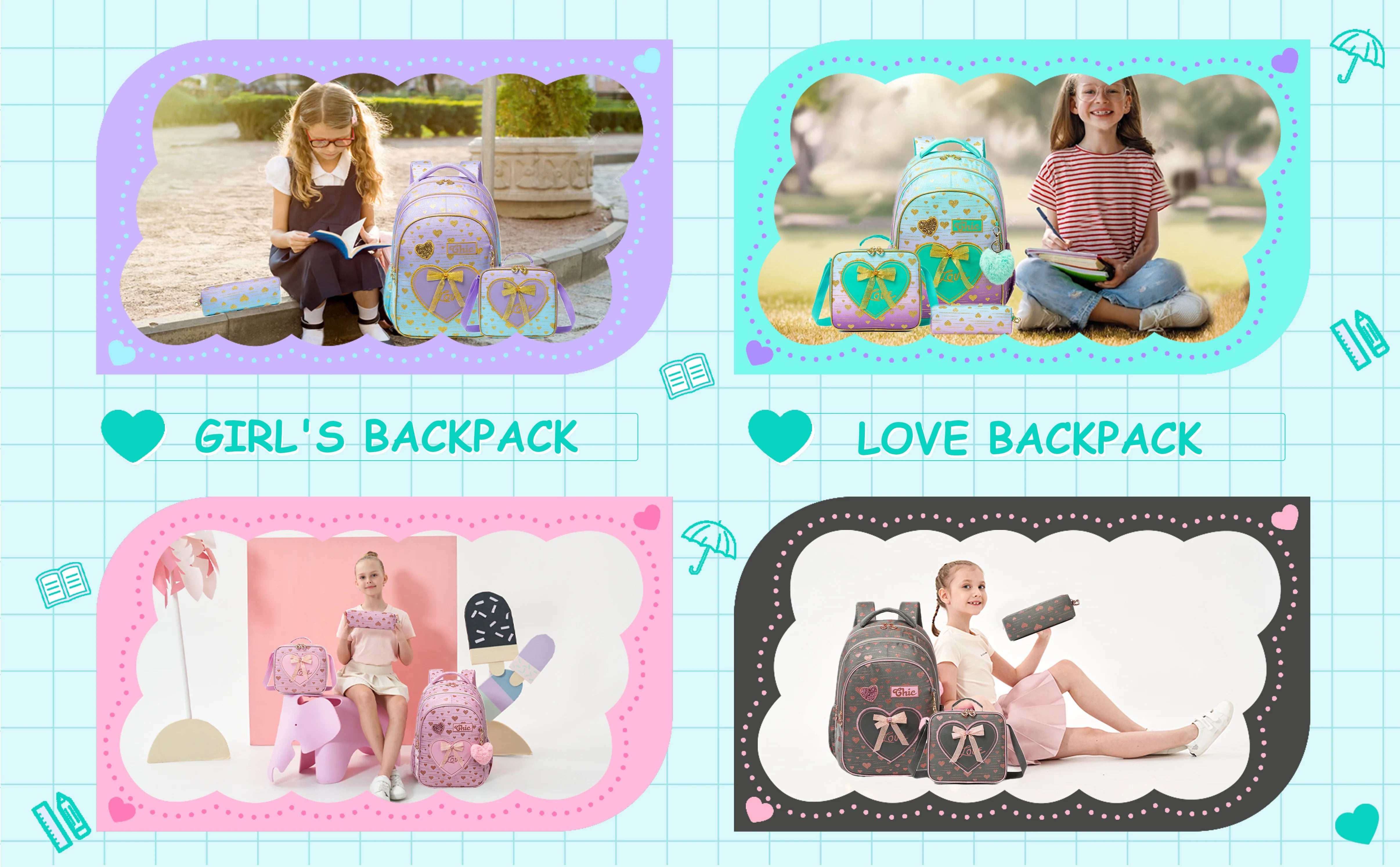 New Bowknot Ribbon Backpack Girls Backpack with Lunch Bag and Pen Bag for Elementary School for Picnic Travel Best Gift