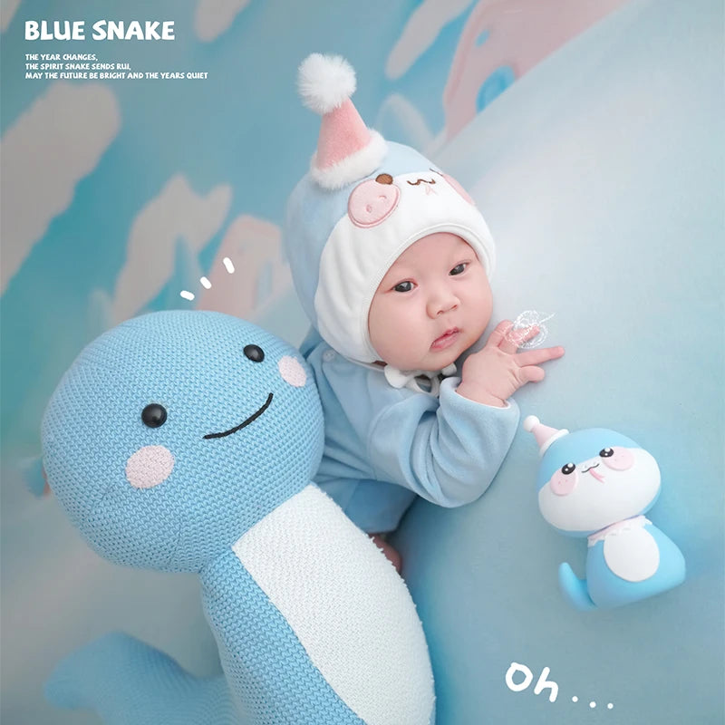 Baby Photography Clothes Cartoon Knitted Jumpsuit With Tail+Hat+Dolls 4pc/Set Newborn Costume Cute Snake Toy Pillow Accessories