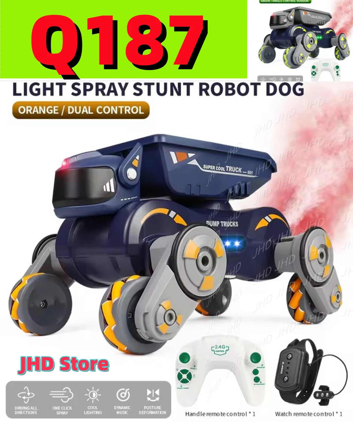 JHD For 2025 New JJRC Q187 RC Robot Dog Music Cool Lights Water Spray Swing Arms Stunt 2.4G 4WD RC Drift Car Gesture Sensing Toy