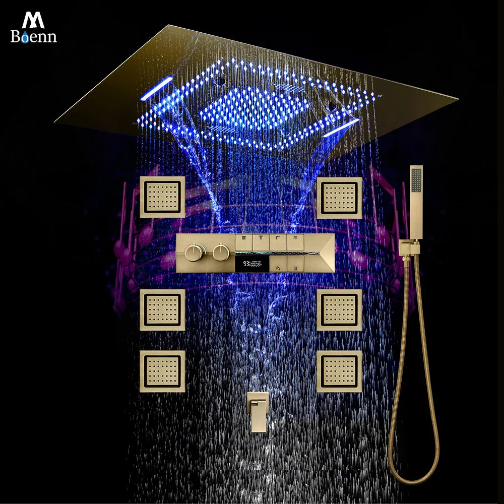 M Boenn Large 23 ×31 Inch Music LED Shower Head Rainfall Thermostat Shower System Bathroom Faucet Set Powerful Massage Body Jet