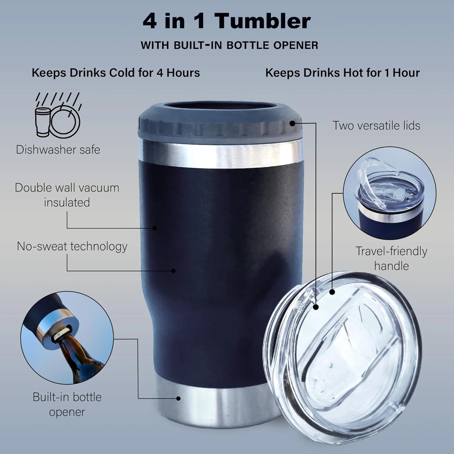 4 in 1 Can Cooler Tumbler for 12 Oz Cans, Slim Cans,and Bottles with Built-in Bottle Opener,Insulated Cool Summer Ice Bottle Cup
