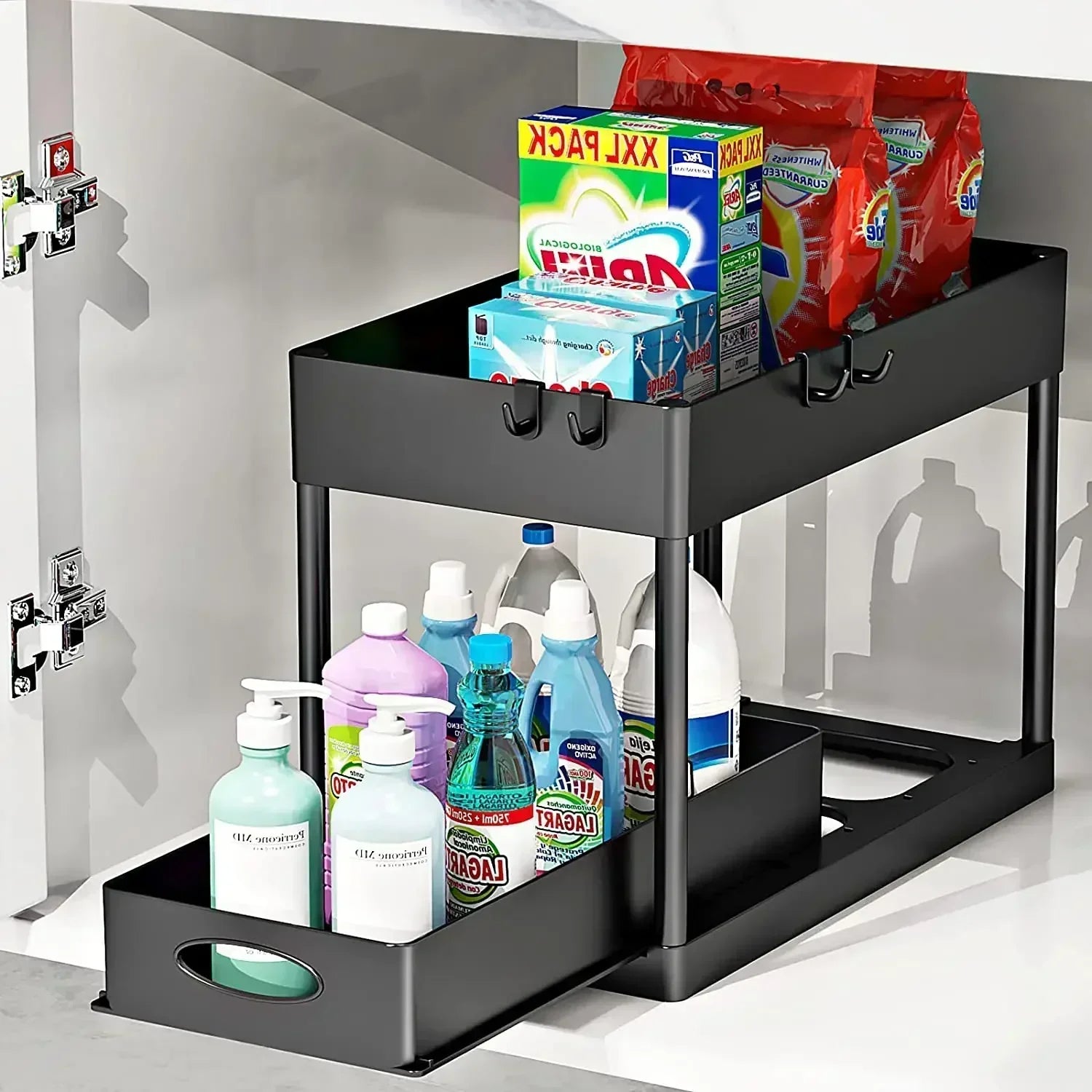 Two-tier Pull-out Sink Base Storage Cabinet with Sliding Baskets and Hooks, Suitable for Bathroom and Kitchen Storage
