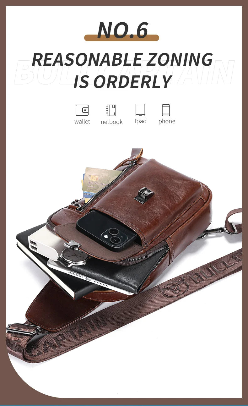 BULLCAPTAIN Men's Genuine Leather Chest Bag Casual Retro 7.9-inch Mobile Phone Bag Multifunctional Anti-Theft Crossbody Bag