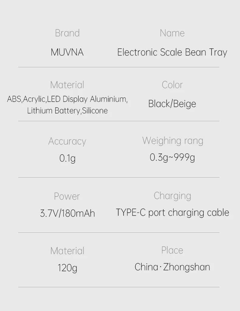 MUVNA Electronic Scale Bean Tray Espresso LED Weighing 0.1g ABS Electronic ScaleHigh Precision Measures Black Beige