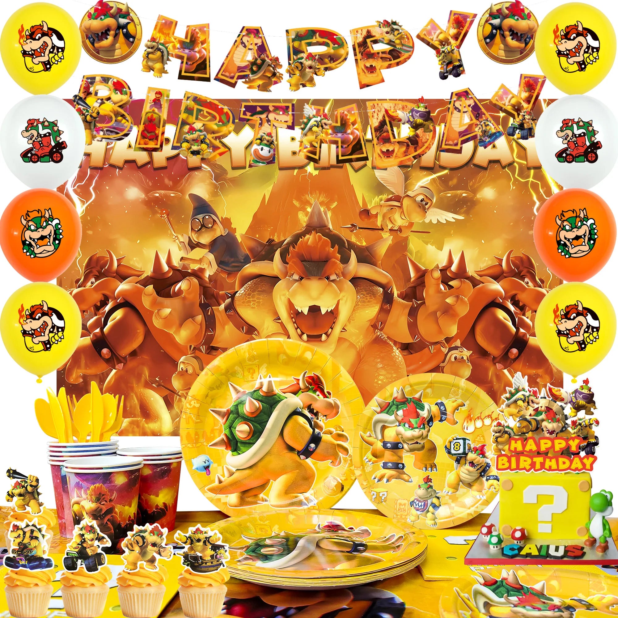 Party Supplies for Bowser Birthday,112pcs Decorations for King Kuppa party Banner,Plates,Cake Toppers,Tablecloths,Backdrop etc.