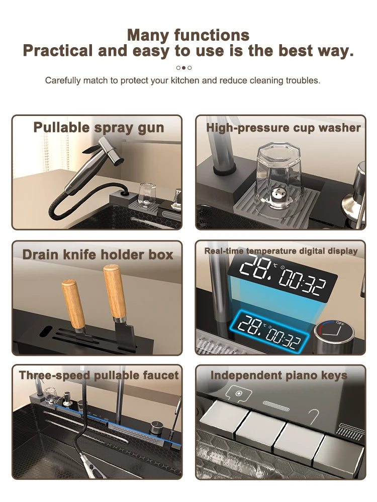 Kitchen Sink Stainless Steel Waterfall Sinks Extra Large Single Slot with Digital Display Faucet Set For kitchen