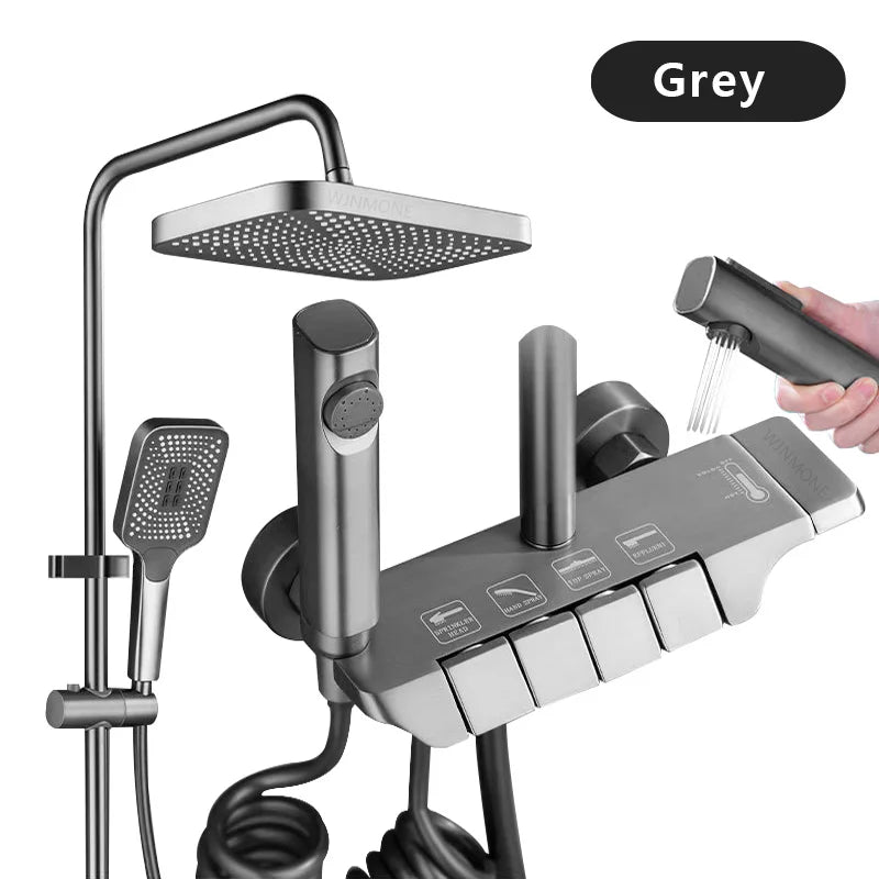 Cheap Gun Gray Bathroom Shower Faucet Set 4 Way ABS Hot and Cold Shower Crane Mixer Tap Bathtub Rainfall Showers System Full Set
