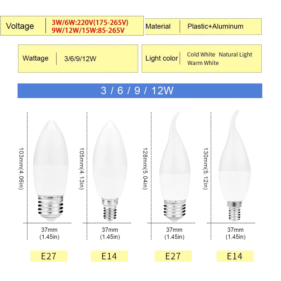 10pcs E27 E14 Led Bulb 220V Candle Bulb Energy Saving Lamp 3W 6W 9W 12W Led Chandelier Light Spotlight Led for Home Decoration
