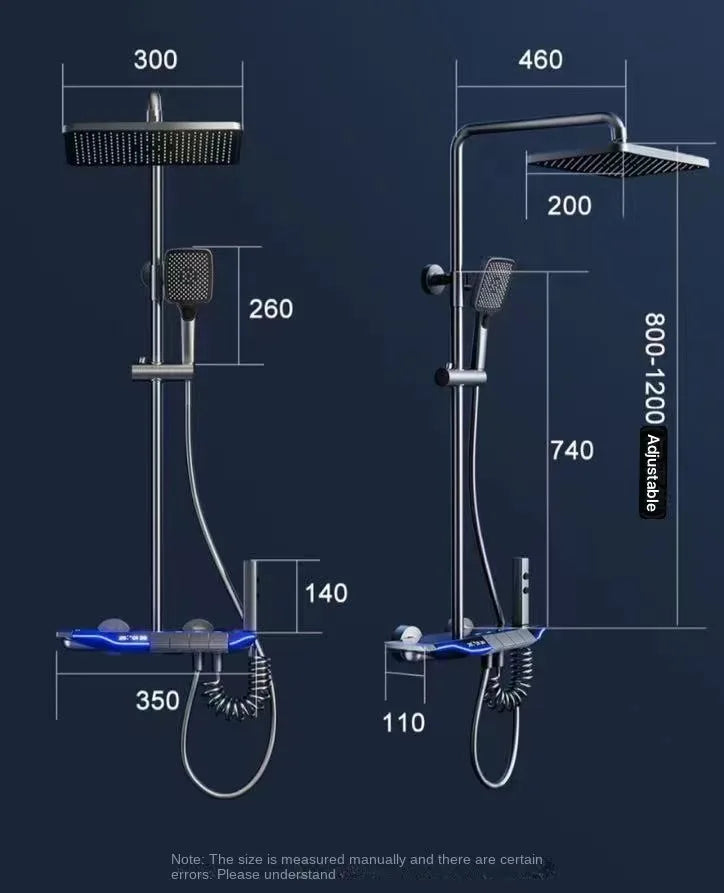 Luxury Wall Mounted Smart Button Digital Display Shower Set Thermostat System Glass Countertop Bathroom Brass Rain Shower Set