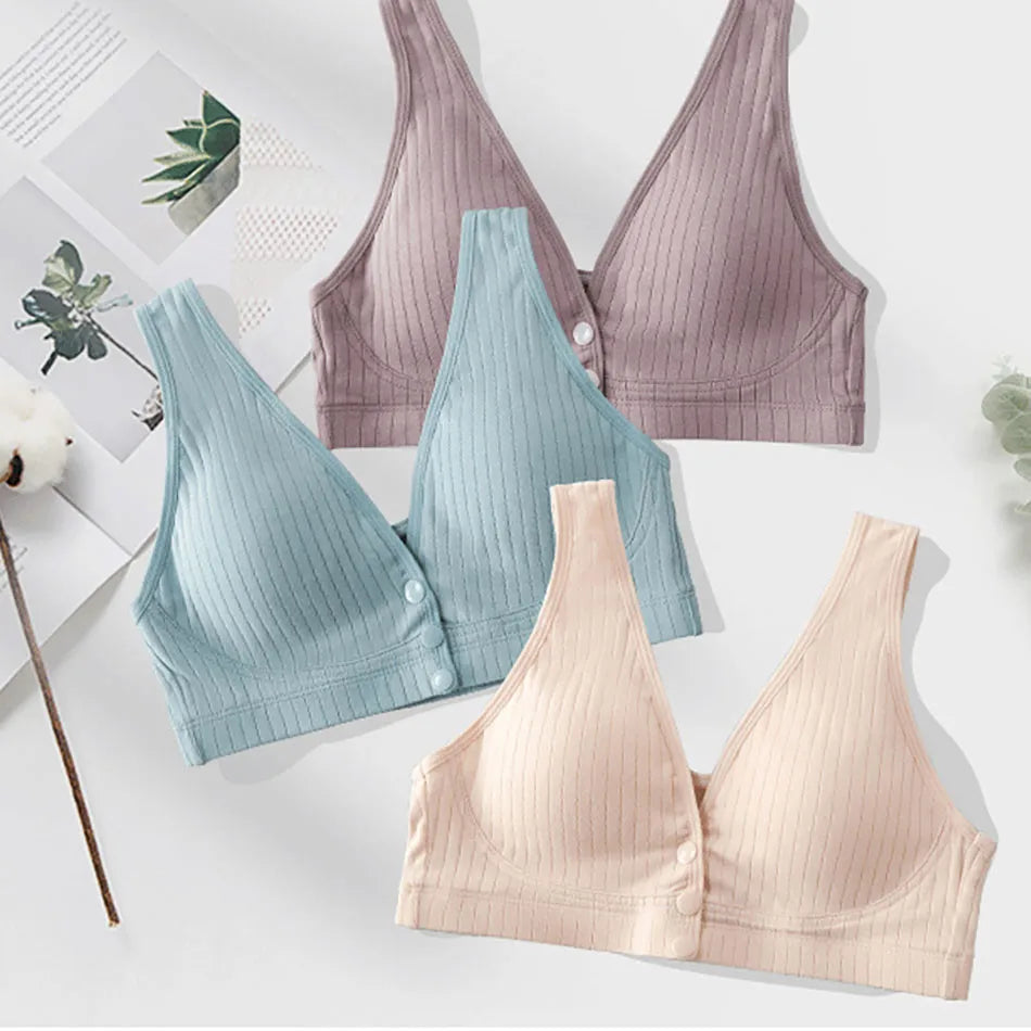 Cotton Nursing Bra for Pregnant Women Padded Ribbed Wire-Free Breathable Bralette Front Opening Breastfeeding Maternity Clothing