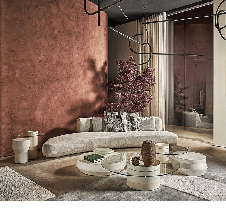 modern design round cement  glass top minimalist combination coffee table set living room furniture