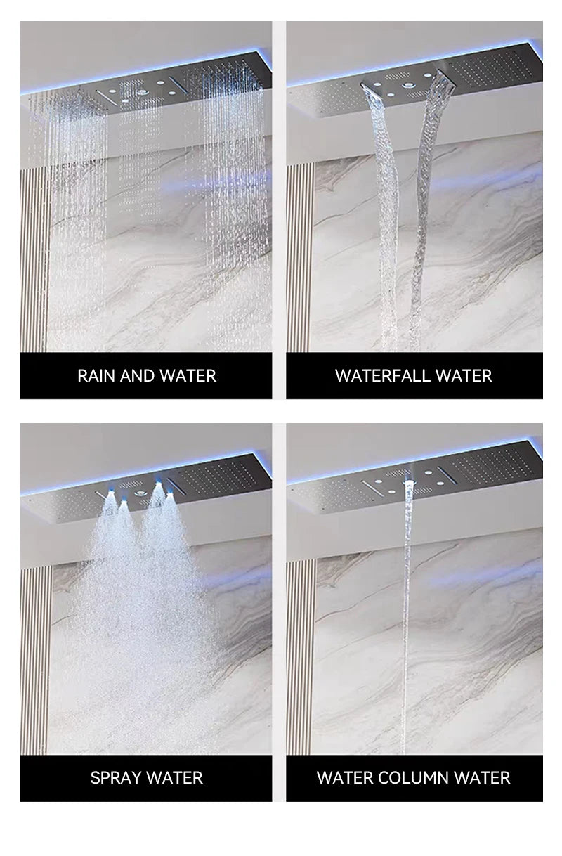 Luxury Ceiling Shower System Set Concealed Thermostatic Brass Digital Display Hydro Generator Rainfall  with Light and Bluetooth
