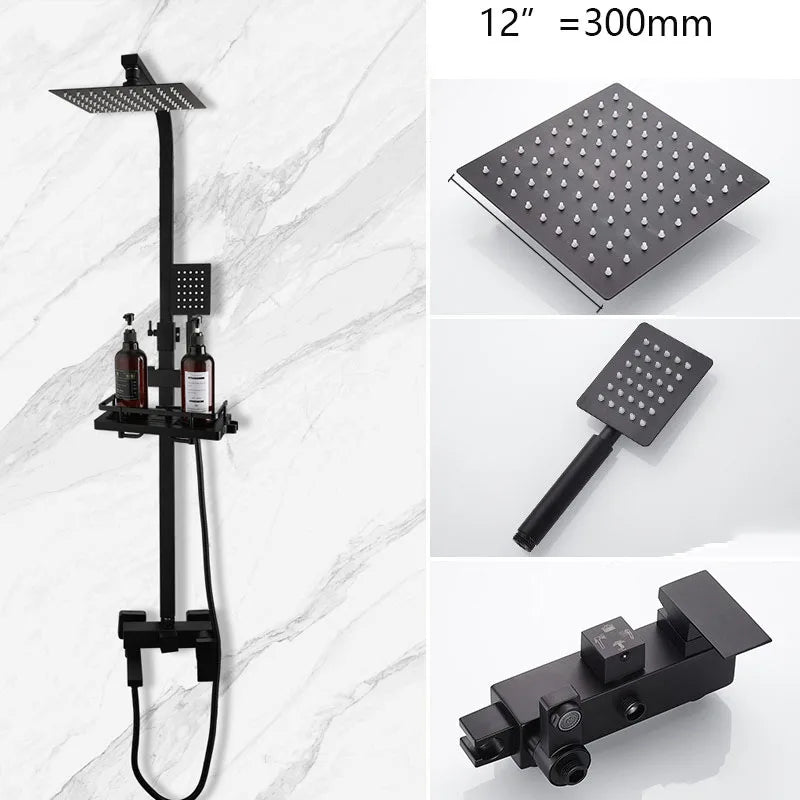 KEMAIDI Rainfall Bathroom Shower Faucet Set With Rack Shelf Bathtub Mixer Tap Black Wall Mounted Brass Bath Cabin System