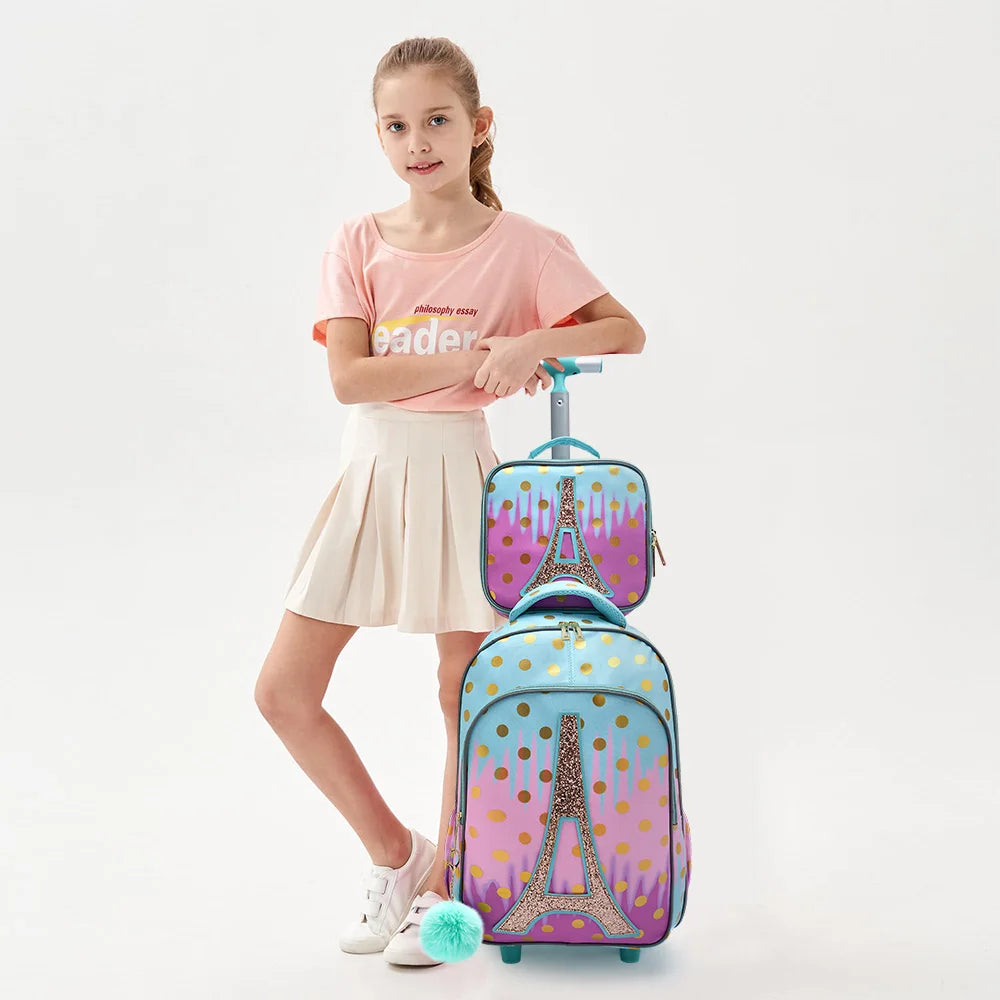 3PCS Rolling Backpack for Girls Kids  Wheeled School BookBag With Lunch And Pen Bag  Iron tower Pink  Glow-in-the-dark Function