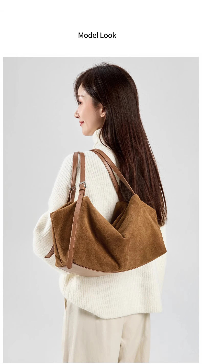 Women's Suede Cow Genuine Leather Shoulder Bags Ladies Soft Cowhide Crossbody Bag Female Design Luxury Lazy Commuting Handbag