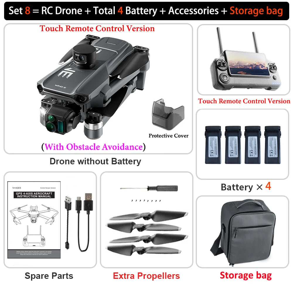 New Wing 6 Drone 8K Camera 3-Axis Gimbal WIFI Obstacle Avoidance FPV Brushless Touch Screen Remote Control Quadcopter Toys Gifts