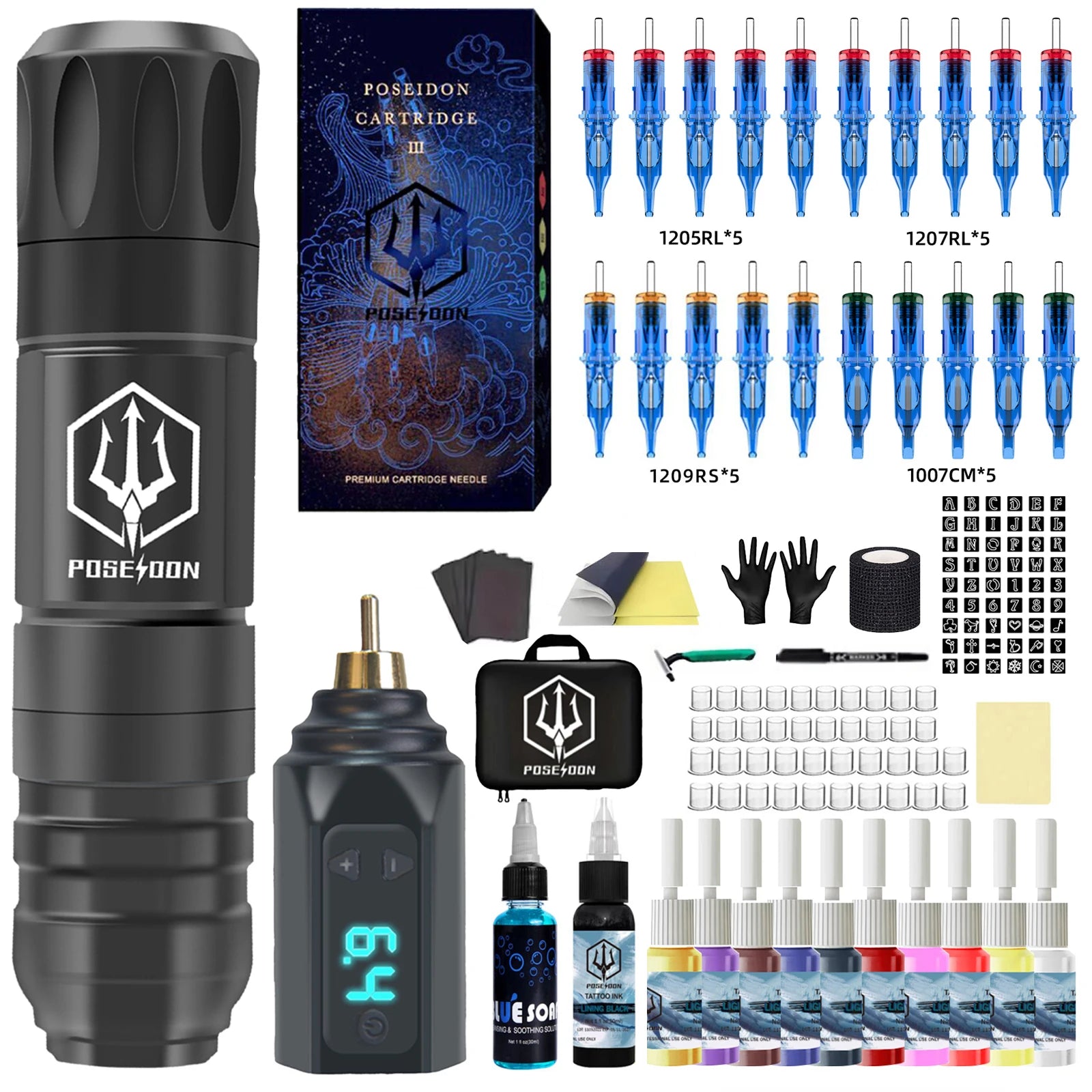 POSEIDON Tattoo Gun Kit Tattoo Supplies Makeup Complete Tattoo Pen Kit Professional Tattoo Kit Wireless Power Tattoo Machine Kit