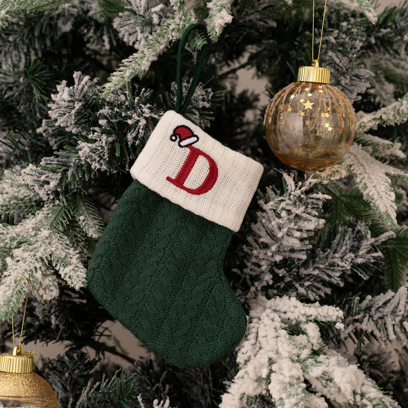 Green A-Z Letter Hanging Christmas Stockings Monogram Knitted Socks Fireplace Christmas Tree Hanging Party Decoration