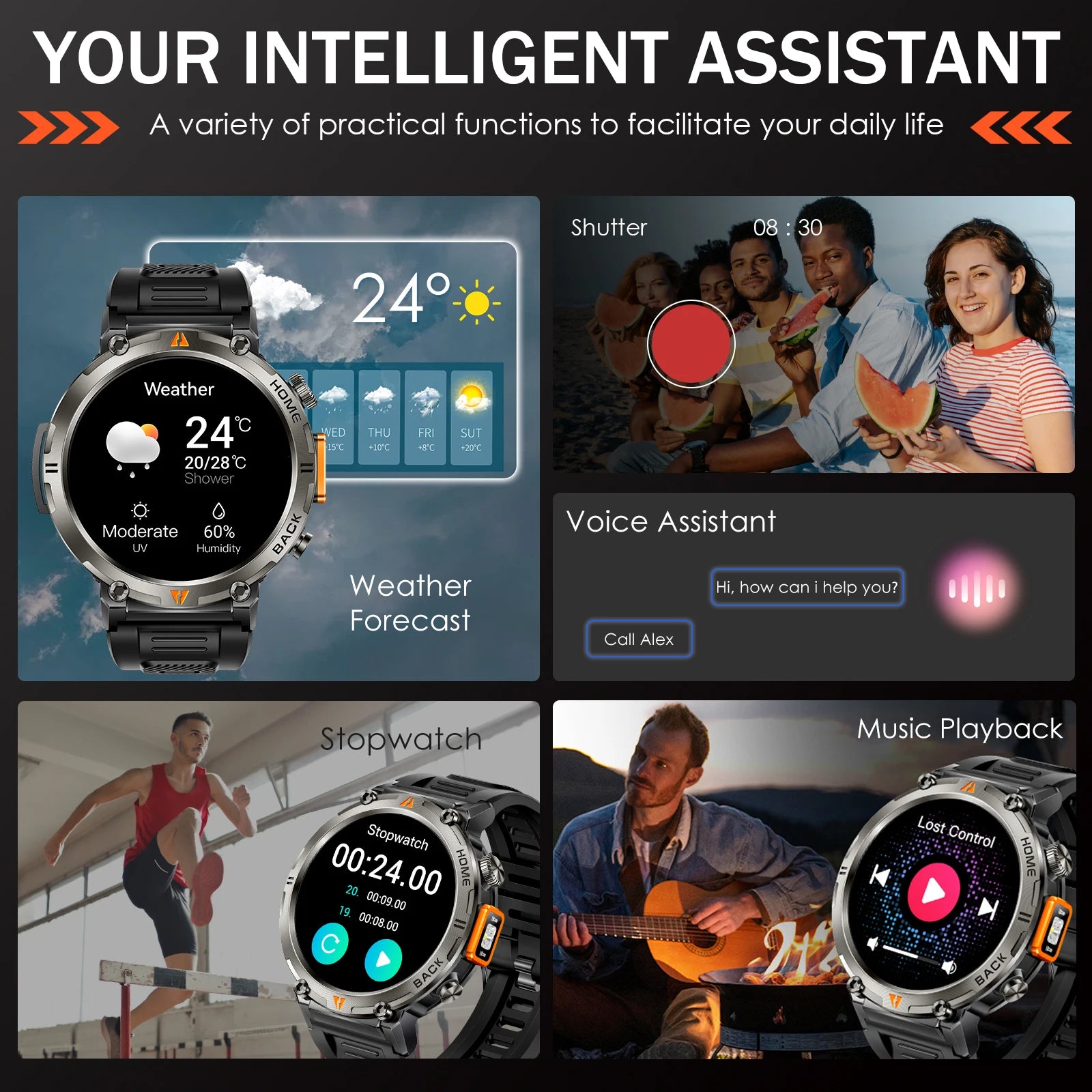 EIGIIS KE3 Smart Watch 3ATM Waterproof Original Design For Men Bluetooth Call Health Monitor With Flashlight 100+ Sports Modes