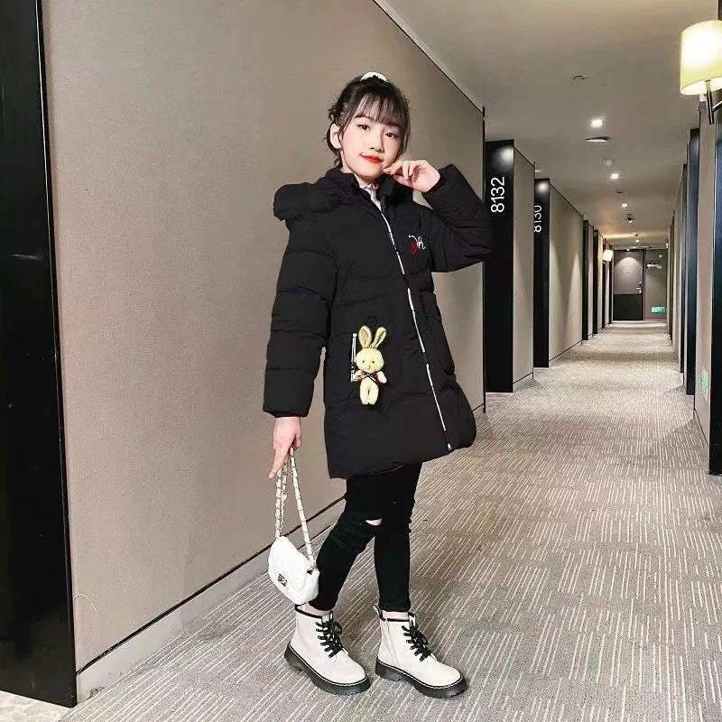 5-14 Years Old Winter Boys Girls Jacket Long Style Hooded Fur Collar Colorful Heavy Coat For Kids Children Outerwear