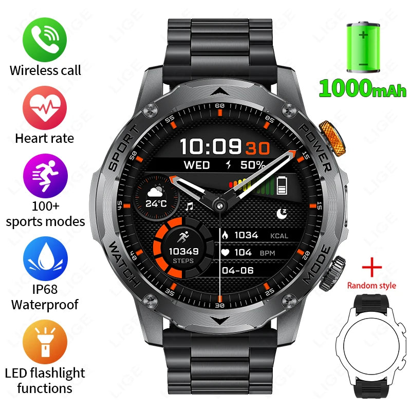 LIGE Military Smart Watch Men 1000mAh Battery Outdoors LED Flashlight Waterproof Heart Rate Sport BT Call 1.7" AMOLED Smartwatch