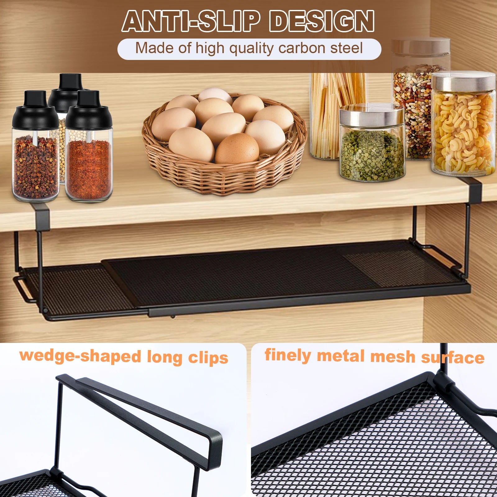 Extendable Under Cabinet Organizer Shelf Steel Under Desk Storage Rack Multipurpose Kitchen Household Hanging Storage Basket