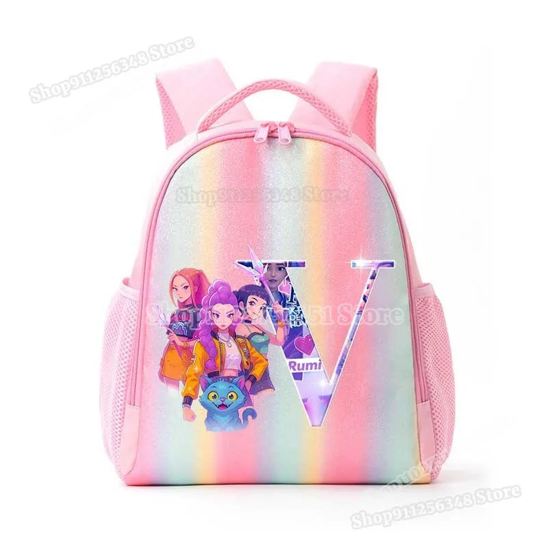 Anime K-pop Demon Hunters Letter A-Z Print Kids Backpack Girls Lightweight Casual School Back Pack Rainbow Color Mochilas Gifts