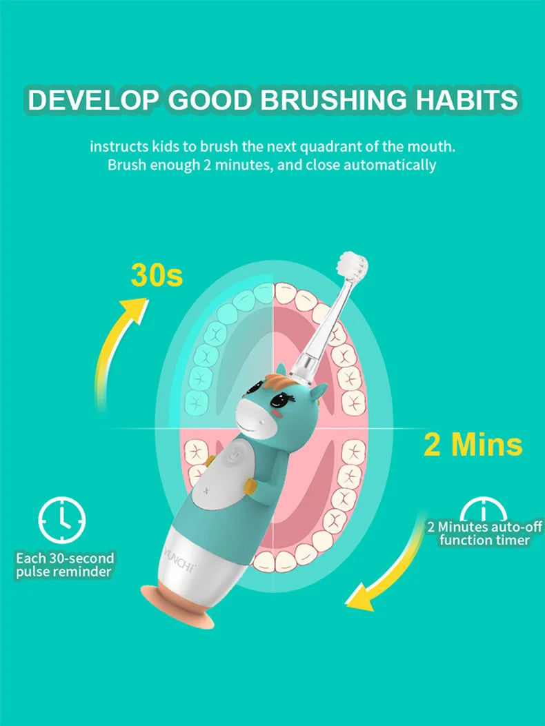 Toddler Sonic Electric Toothbrush for Baby with Cute Unicorn Cover and Smart LED Timer Soft Microfiber Bristles 4 Brush Heads