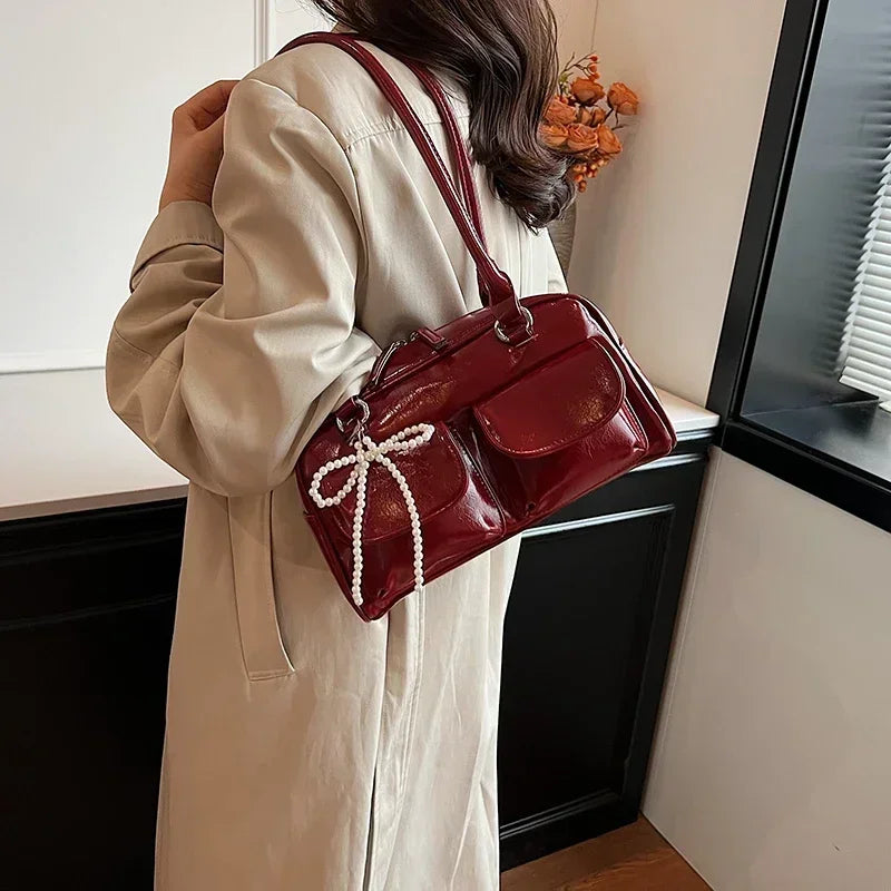 Solid Sewing Thread Fashion Glossy PU Shoulder Bags Baguette Versatile Hand Bags 2025 Hot Sale Bags for Women Bolsas Femininas