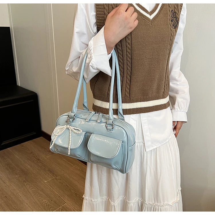 Solid Sewing Thread Fashion Glossy PU Shoulder Bags Baguette Versatile Hand Bags 2025 Hot Sale Bags for Women Bolsas Femininas