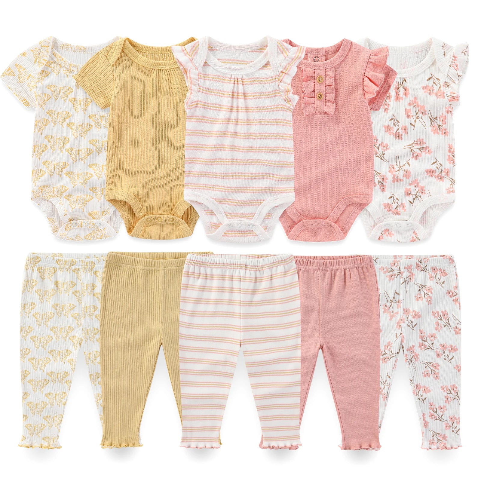 Kiddiezoom 10 Pcs/Lot Four Seasons Fashion Unisex Baby Boy Girl Clothing Set Soft Newborn Bodysuits+Pants Infant Outfit Gift