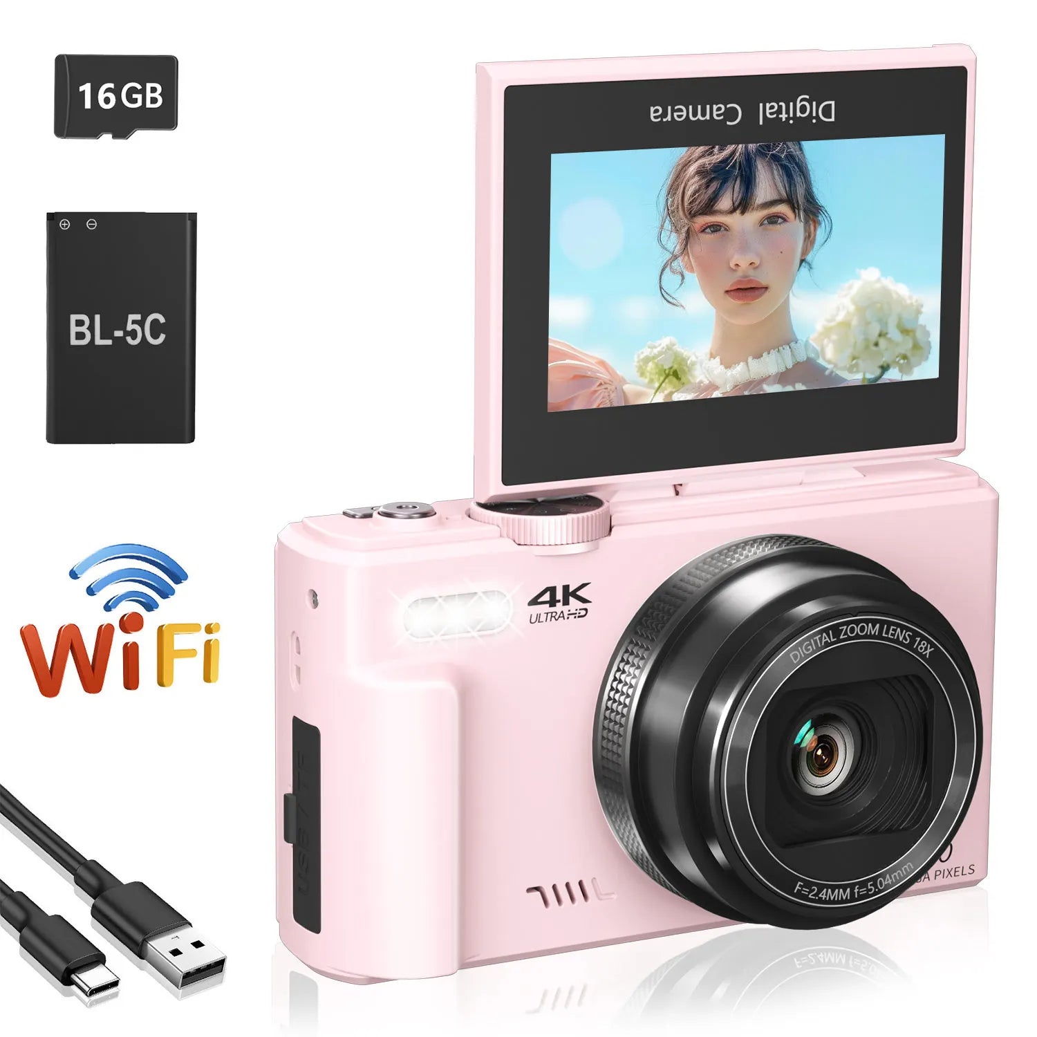 4K compact digital photography camera, 18x digital zoom, vintage vlog video recorder for YouTube, 180° flip screen, WiFi webcam