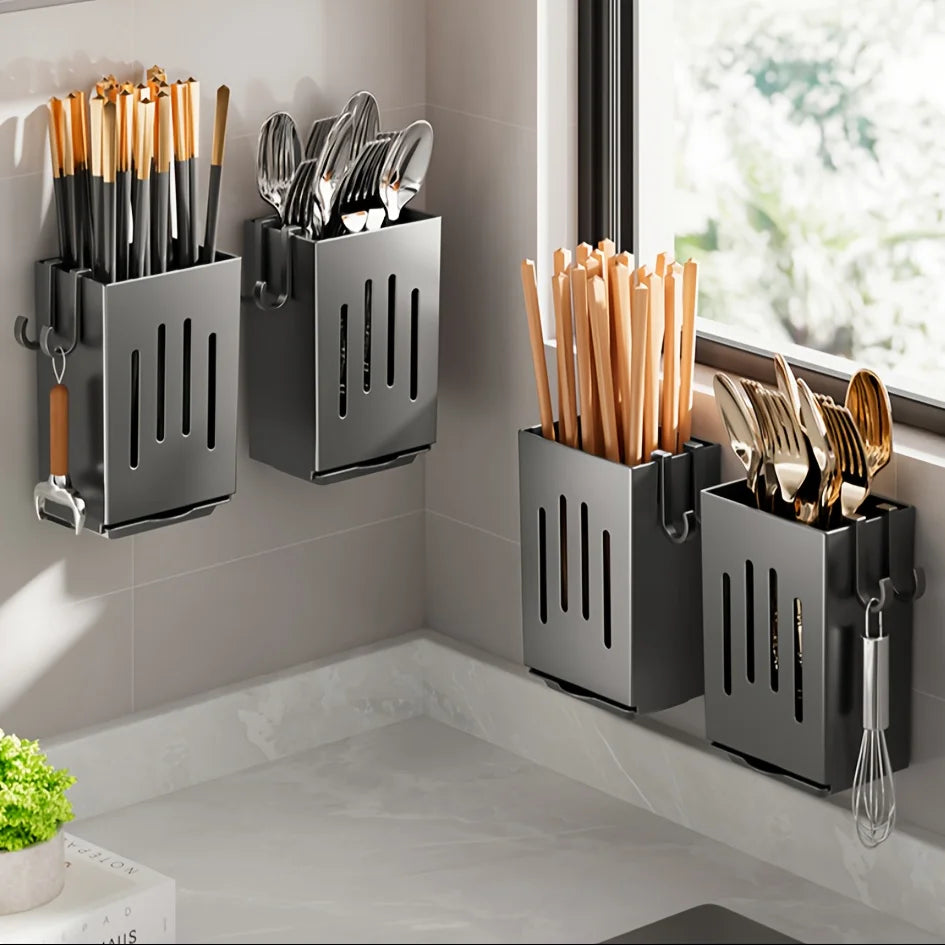 1pc Kitchen Chopsticks Holder Multifunctional Hanging Utensil Drying Rack Hooks No Drilling Wall Mounted Spoon Fork Holders