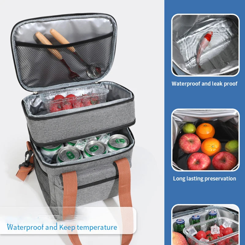 1PC Large Capacity Lunch Bag Double Layers Thermal Insulation Picnic Bag Food Drink Storage Tote With Shoulder Strap Cooler Bags