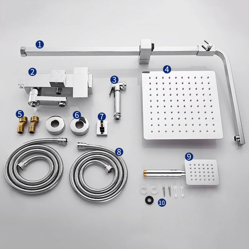 KEMAIDI Rainfall Bathroom Shower Faucet Set With Rack Shelf Bathtub Mixer Tap Black Wall Mounted Brass Bath Cabin System