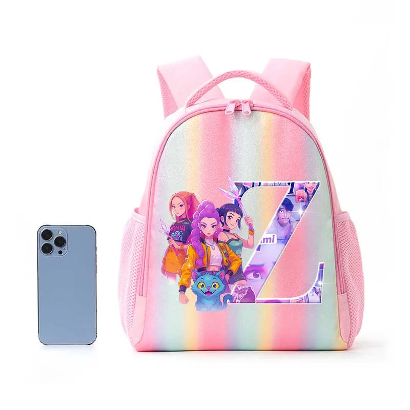 Anime K-pop Demon Hunters Letter A-Z Print Kids Backpack Girls Lightweight Casual School Back Pack Rainbow Color Mochilas Gifts