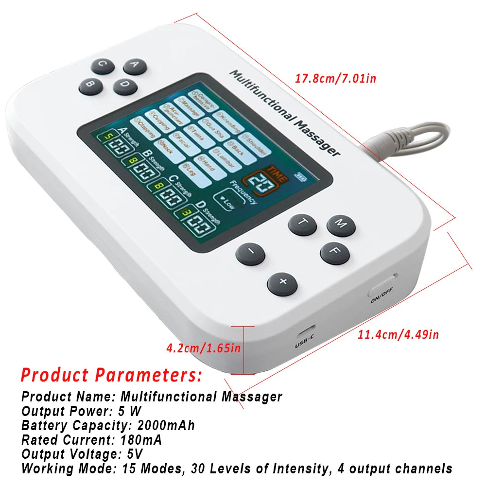 Electric 30 Levels Physiotherapy Machine 4 Output TENS Multifunctional Massager EMS Vibration Nerve Stimulator Relax 8pcs Pads