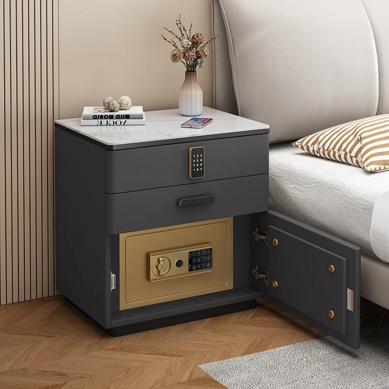 Safe Luxury Bedside Table With Lock Secret Compartment Glamour Metal Nightstands Designer Multifunctional Criado Mudo Furnitures