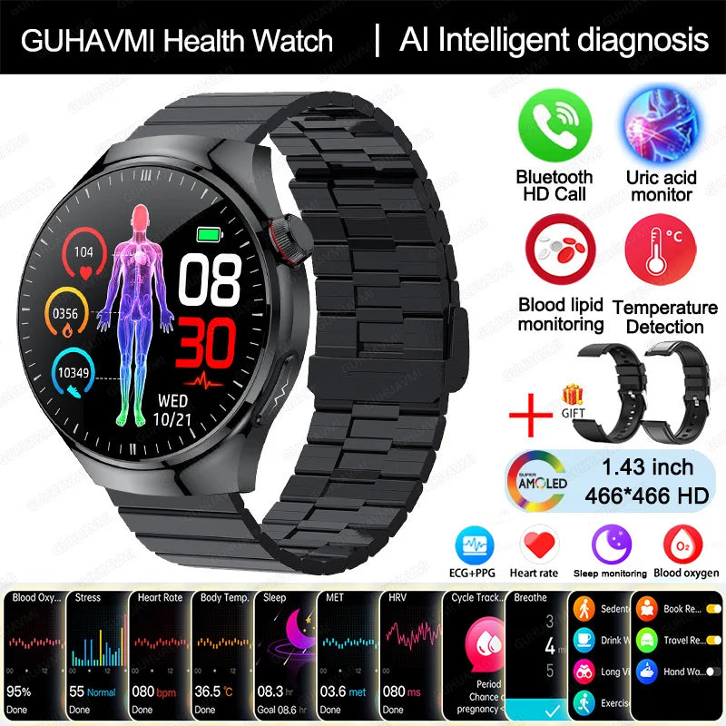 2025 New Nursing Grade Smart Watch Blood oxygen Blood Lipid Uric Acid ECG+PPG Body Temperature Bluetooth Call Health Smartwatch