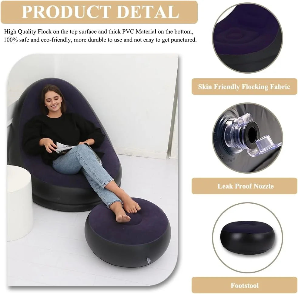 Lazy Sofa Inflatable Chair Folding Recliner (Sofa + Footrest) Outdoor Sofa Bed with Footrest Indoor and Outdoor Portable Folding Air Mattress Nap Leisure Chair Set