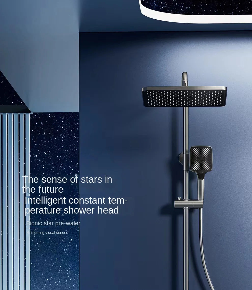 Luxury Wall Mounted Smart Button Digital Display Shower Set Thermostat System Glass Countertop Bathroom Brass Rain Shower Set