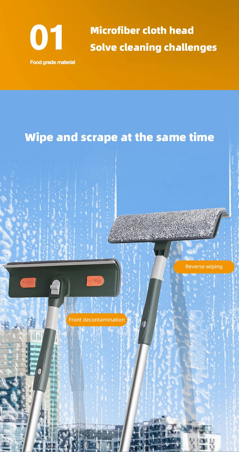 72-226CM Extended Window Cleaning Tool Glass Cleaner Mop with Silicone Scraper Window Cleaning Brush Household Cleaning Tools