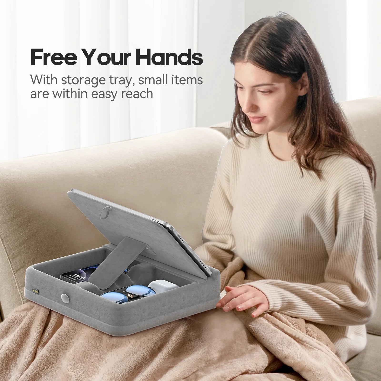 Tablet Pillow Stand with Storage Foldable iPad Holder for Bed & Lap and Desk Angle Adjustable Soft Pad Dock with Stylus Mount