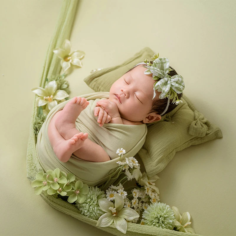 Green Theme Newborn Baby Photography Props Cute Bow Headflower Baby Posing Elastic Wrapping Cloth Background Blanket Accessories