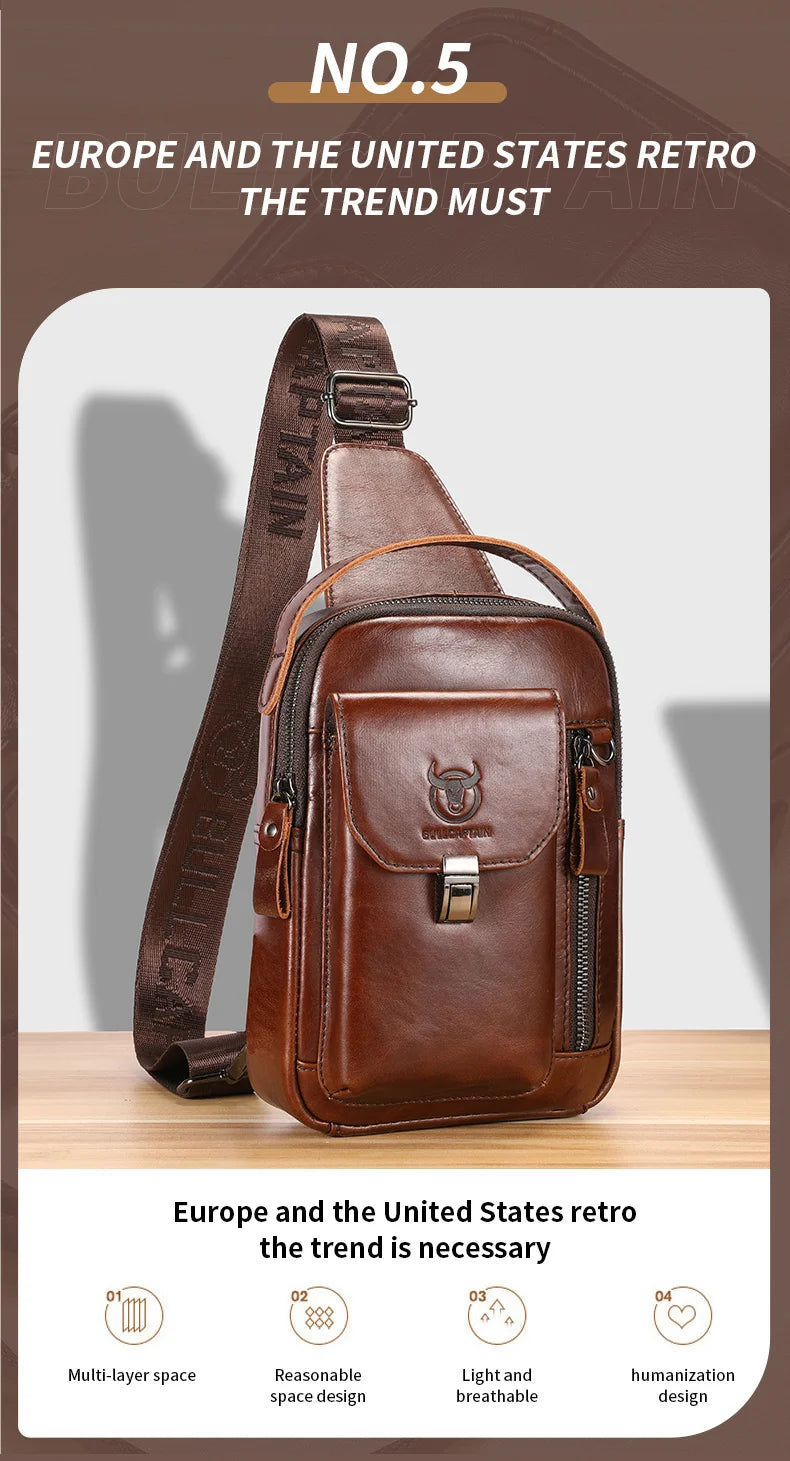 BULLCAPTAIN Men's Genuine Leather Chest Bag Casual Retro 7.9-inch Mobile Phone Bag Multifunctional Anti-Theft Crossbody Bag