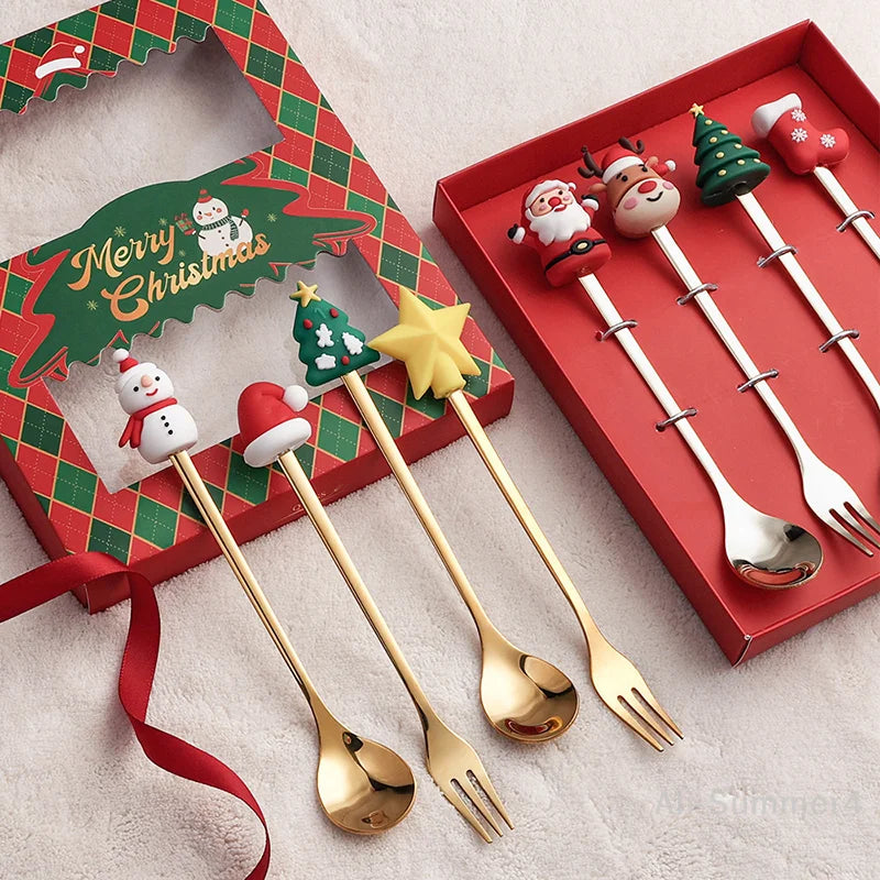 2/4/6Pcs Christmas Fork And Spoon Set,Stainless Steel Creative Tableware,Coffee Tea Dessert Forks And Spoons Gift Set